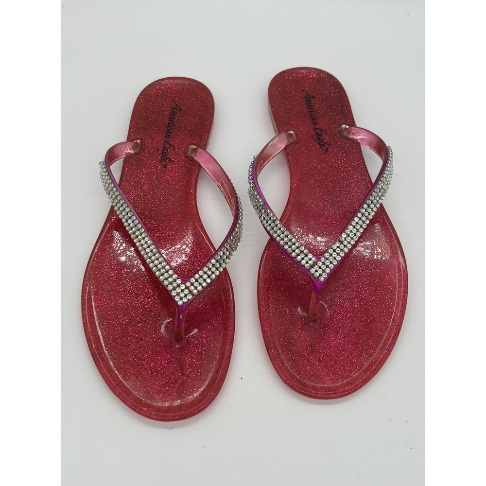 American Eagle Women's Size 9 Pink Glitter Rhinestone Jelly Flip Flop Sandals